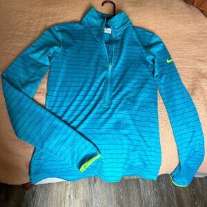 Nike Pro Dri Fit Half-Zip Running Pullover Shirt Thumb Hole Teal Stripe Small S